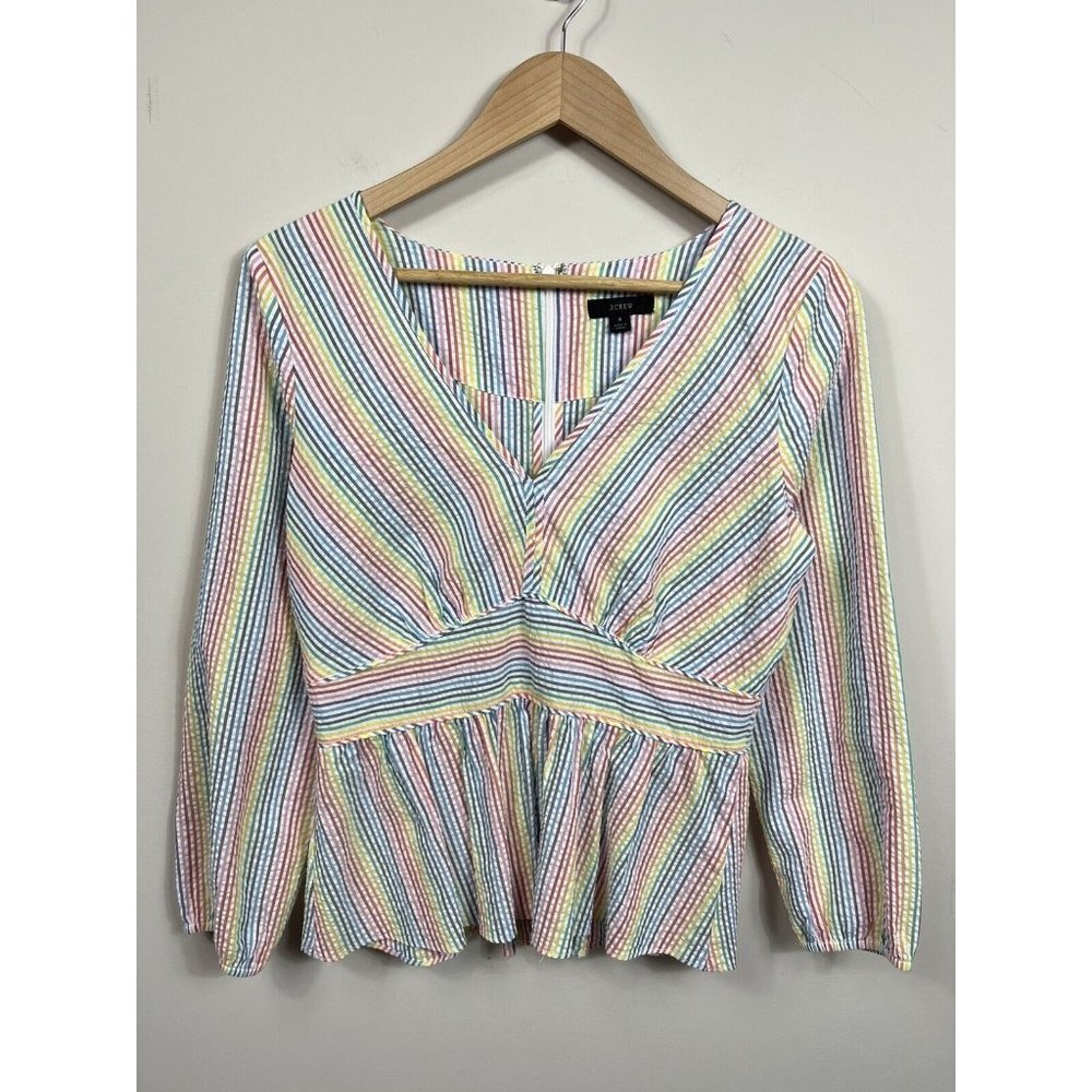 J. Crew Pastel Multicolor Striped V-Neck Peplum Top